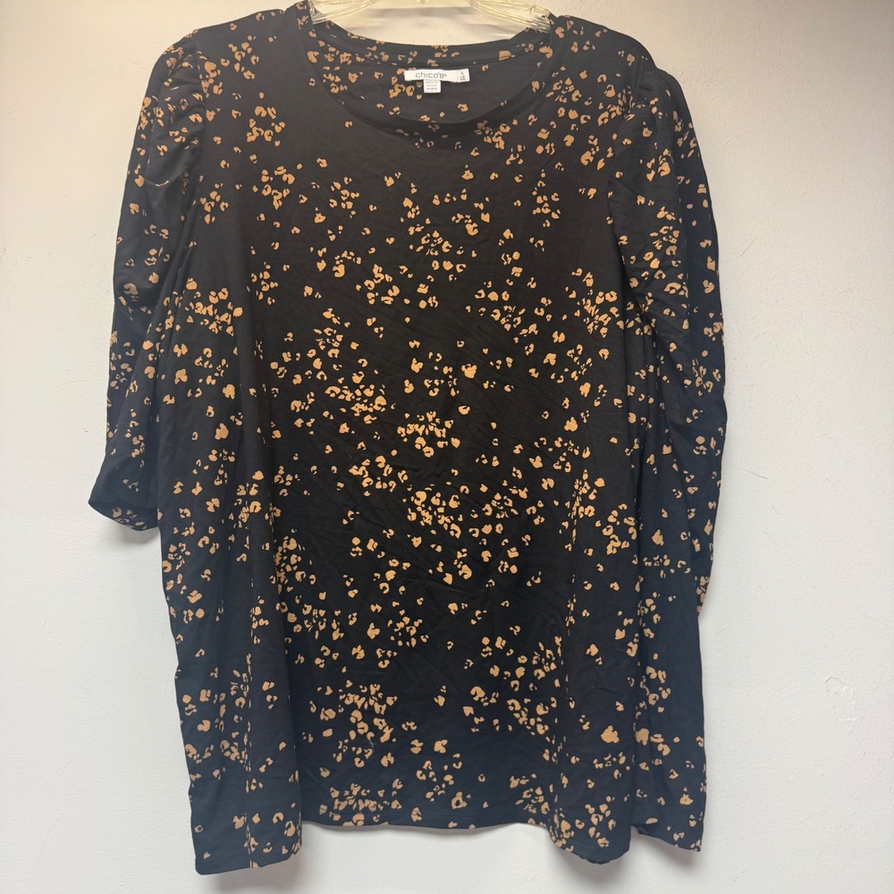 Chico's Top Women 4 XXL Black Tan Excellent Animal Print Puff Sleeve Rayon Top